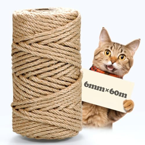 MDDK DY Corde en sisal pour Arbre à Chat, 6 mm x 60 m, Corde en sisal Naturel, Corde de Chanvre, Corde à griffer, Corde en Jute pour la Maison, Le Jardin, Le Bricolage