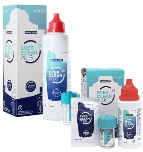 Avízor Ever Clean Plus – Contact Lens Cleaning and Disinfection Solution – Deep Lipid Deposit Removal – 225ml Bottle + 30 Tablets & 60ml Bottle + 8 Tablets – Travel Kit