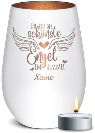 PR Print Royal Trauer Windlicht mit Gravur - Der schönste Engel im Himmel - mit Name gravieren - Trauergeschenk, Gedenklicht, Geschenke für Trauernde | inkl. Teelicht, 450 ml, Weiß/Bronze
