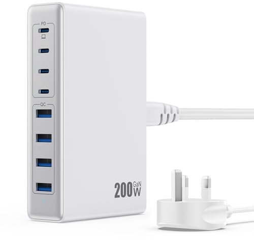 200W USB C Charger Block,GaN III 8-Ports USB C Charger,QC4.0 Fast Phone Charging Station Hub+PD 65W Laptop Charging Compatible with MacBook Pro/Air,DELL,iPhone 16 Pro/15,Galaxy S24/S23,iPad-White