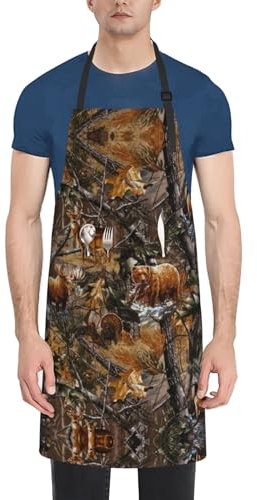 Cykazhst Küchenschürze mit Jagdmotiv und Hirsch, Bär, Elch, für Damen und Herren, verstellbare Kochschürze mit 2 Taschen zum Backen, Grillen, Gartenarbeit, Restaurant, Kaffee, Schwarz , One size