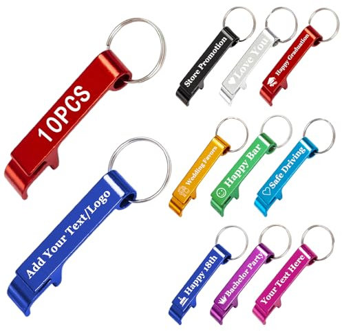 BEXOA 10pcs Personalised Bottle Opener keyring - Customised Engraved Text/Logo Bottle Openers Keychain Bulk Wedding Favours for Guests Party Gifts (10 Pcs)