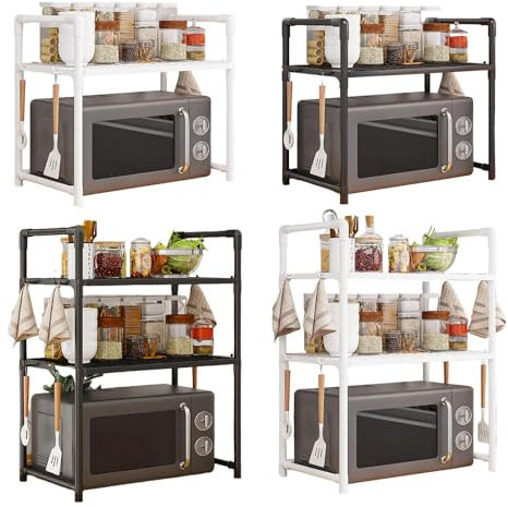 Adjustable Microwave Stand | Bakers Racks For Kitchens,Heavy Duty Kitchen Storage Microwave Stand With Hooks For Home