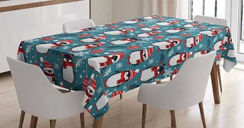 ABAKUHAUS Weihnachten Tischdecke, Windige Weihnachtsnacht Pinguin, Schmutzabweisent mit Modernster Druck Technologie Waschbar Klare Farben, 140 x 170 cm, Zinnoberrot Grau Blaugrau