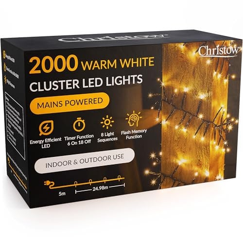CHRISTOW 2000 LED Cluster Christmas Tree Lights, Warm White Fairy Lights with Timer, 8 Light Modes, Energy Efficient 3mm Micro LEDs, Indoor & Outdoor, Mains Powered, Green Cable, 24.97m Lit Length