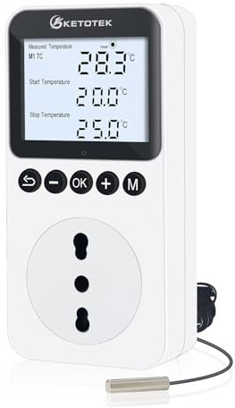 KETOTEK Presa Termostato Timer con Spina Tipo L con Retroilluminazione, Digitale Termostato Temporizzata con Sonda, Giorno/Notte Regolatore di Temperatura per Rettili Terrario Incubatore Serra