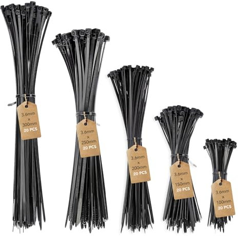 CREATISMO Plastic Cable Ties Black 100 Pcs Zip Ties Heavy Duty, Small Cable Tie Wraps for Garden, Office, Home, Assorted Cable Ties in Sizes 100mm, 150mm, 200mm, 250mm, 300mm (20 of Each)