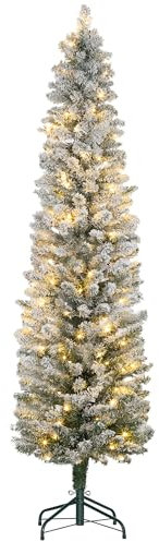 HOMCOM Sapin de Noël Artificiel 180 cm, Arbre de Noël Slim Lumineux floqué enneigé - Support en métal, lumière LED Blanc Chaud et 329 Branches - Effet réaliste, Vert