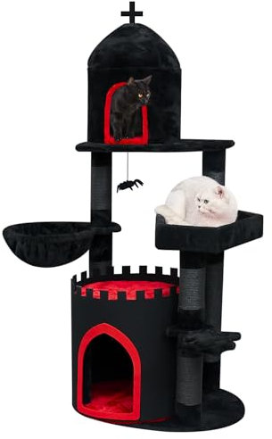 YARUOMY Castillo gótico de árbol para gatos, torre negra de 56 pulgadas con cama de ataúd, espacioso condominio para gatos de Halloween, postes rascadores de cordel de papel kraft, bola colgante de