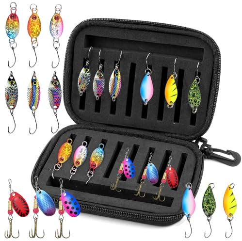 Ksvaye 12 Piezas Cucharillas Pesca Set, 4 Estilos Vistoso Señuelos Pesca 2.5/3.5/5g Cucharas Giratorias de Cebo Artificial con Caja de Almacenamiento para Lucio, Lucioperca, Perca y Trucha