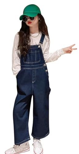 Runstarshow Girls Denim Dungarees Kids Jean Overalls Bib Pants Wide Leg Jeans Adjustable Strap Baggy All in One Jumpsuit with Pockets Cute Playsuit for Girls Age 3-14 Years
