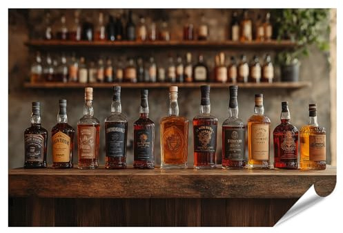 islandburner XXL Bild Poster Verschiedene Whiskyflaschen auf einer Bartheke für Wohnzimmer Whisky-Liebhaber Bar Premium Bilder Fotodruck