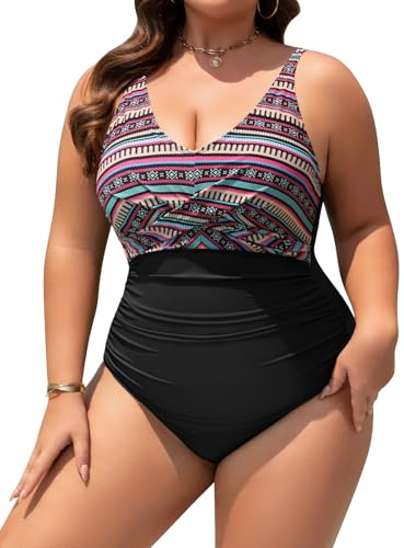 UMIPUBO Maillot de Bain Femme 1 Pièces Gainant Grande Taille Ventre Plat Col en V Push Up Une Pièce Swimwear Réglable Rembourré Froncé Sexy Monokinis L-4XL