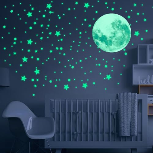Im Dunkeln leuchtende Sterne, 435 Stück, Wandaufkleber mit im Dunkeln leuchtenden Sternen und Monden für die Wanddekoration im Kinderzimmer, Schlafzimmer und Wohnzimmer (Grün)