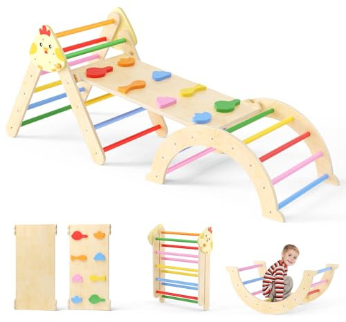 Triangle Climbing Frame for Toddlers, Foldable Wooden Indoor Climbing Triangle Set with Ramp and Arch, (New climbing frame three-piece set-color)