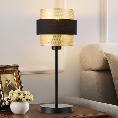 HARPER LIVING Black & Gold Table Lamp, Fabric & Metal Mesh Two-Layer Shade Desk Lamp, 40W E27 Cap Type Vintage Bedside Lights for Bedroom, Living Room, Office