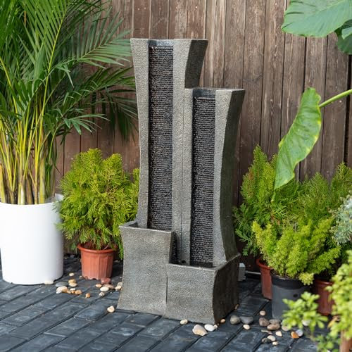 Fontana Moderna da Esterno, Fontana da Interno A Cascata da Pavimento con Luci A LED, Cascata da Giardino A 2 Colonne Curve per Cortile, Patio, Veranda, Terr