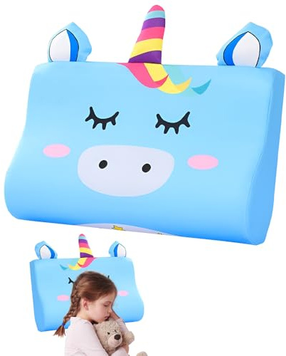 YANGUN Schlummerkids Kissen, 45X27CM Kinderkopfkissen, Calmly Kissen Kinder, Kawaii Tiere Kinderkissen, Ergonomisches Atmungsaktiv und Hautfreundlich Wasch Bar fur ab 3 Jahre (Blau Einhorn)