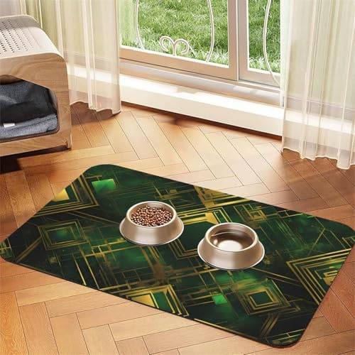 Tapis d'alimentation en similicuir absorbant l'eau à carreaux noirs et verts 40 x 60 cm antidérapant durable pour gamelles de chat et chien