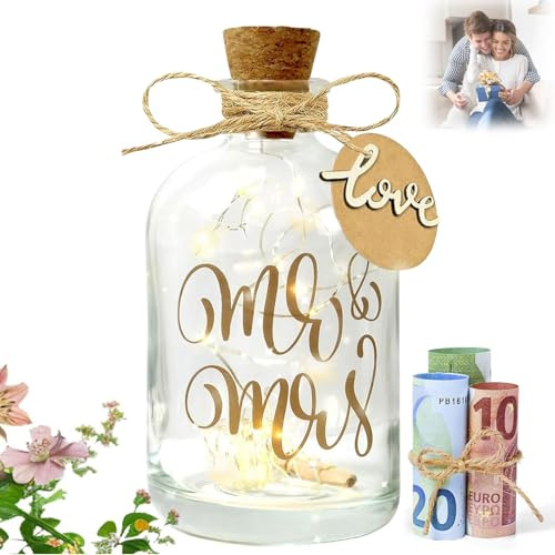 Bouteille lumineuse LED de mariage - Cadeau de mariage - Bouteille lumineuse pour couple de mariés - Cadeaux de mariage - Tirelire personnalisée
