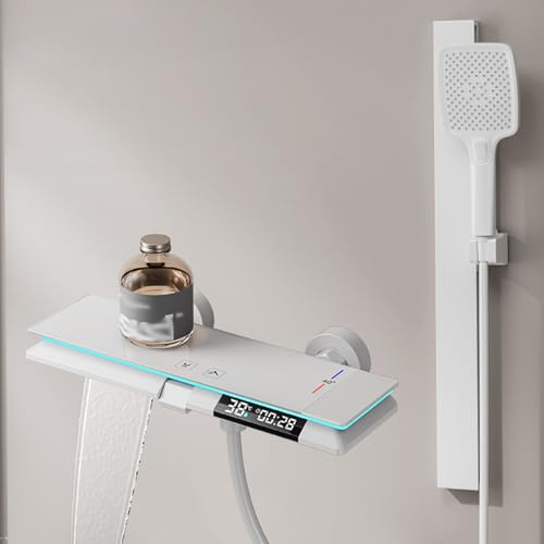 XJTNLB Armatur Badewanne Wasserfall Thermostat Duscharmatur Badewannenarmatur Wasserfall Led Weiß mit Brause Verstellbar