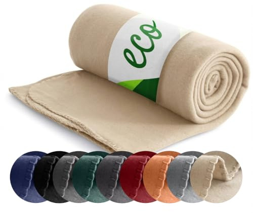 wometo ECO Fleecedecke aus 100% recyc Material Oeko-TEX 130x160 beige Sand | ca. 400 g - 100% recyceltem Material - mit Anti-Pilling und Kettelrand