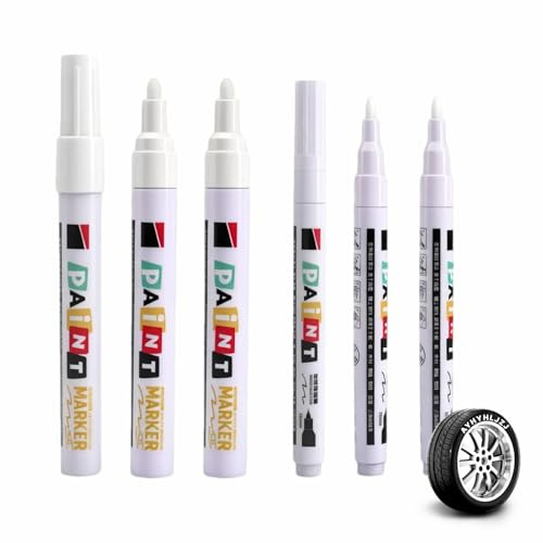AYHYHLJZJ Lot de 6 crayons pour pneus de couleur blanche, imperméables, crayons de graffiti avec pointes de 1 mm et 3 mm pour voiture, moto, verre et caoutchouc – Blanc