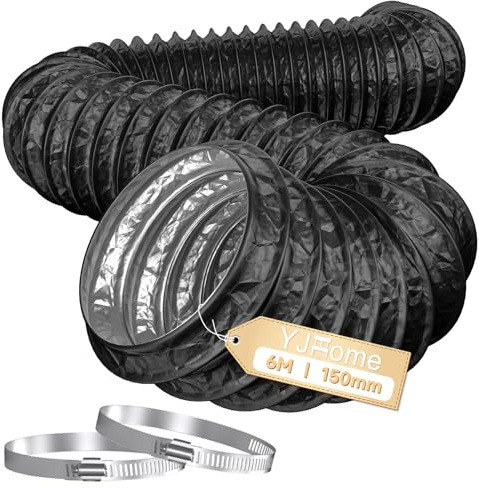 YJHome 150mm Ducting 6m Long, 6 Inch Flexible Vent Hose with 2 Duct Clamps, Heavy-Duty Three Layer Protection PVC Air Ducting for Cooker Hood, Tumble Dryer, Duct Fan, Extractor Fan