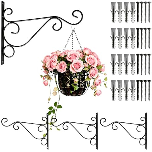 Rppiup 4Pcs Heavy Duty Hanging Basket Brackets Outdoor, 10 Inch Iron Wall Plant Hooks for Hanging Baskets, Bird Feeders, Lanterns, Flower Pots & Wind Chimes, Strong Garden Brackets with Screws, Black