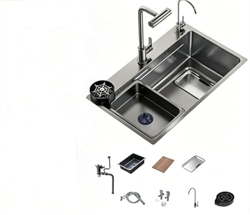 Fregadero de cocina de acero inoxidable, grano 3D, antimanchas y arañazos, con grifo extraíble, lavadora de tazas y juego completo de accesorios, duradero, fácil de limpiar, perfecto para cocinas