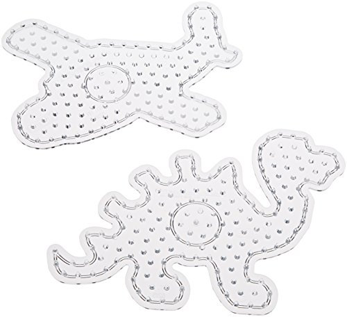 Hama Perlen 8257 Stiftplatten 2er Set für Maxi Bügelperlen mit Durchmesser 10 mm, Motive Dino und Flugzeug in transparent, kreativer Bastelspaß für Groß und Klein