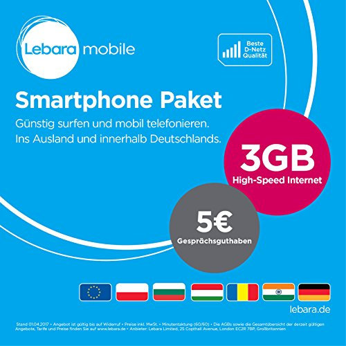Lebara Smartphone Paket [SIM, Micro-SIM und Nano-SIM] monatlich kündbar (1GB High-Speed Internet, 5 EUR Gesprächsguthaben) in D-Netz Qualität
