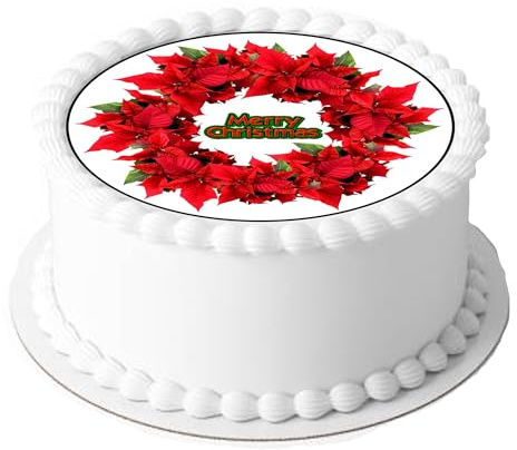Christmas Poinsettia Wreath on Decor Icing Sheet Edible Cake Topper - Perfect for Decorating Larger Cakes