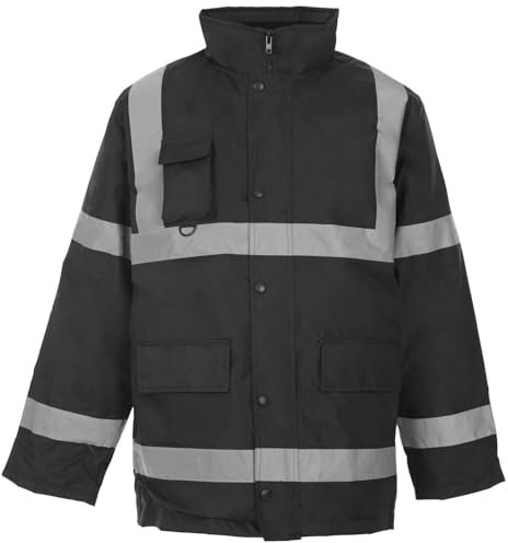 MyShoeStore® Hi Vis Viz High Visibility Parka Jacket Workwear Safety Security Concealed Hood Fluorescent Flashing Hooded Padded ¾ Length Waterproof Work Coat Black Medium