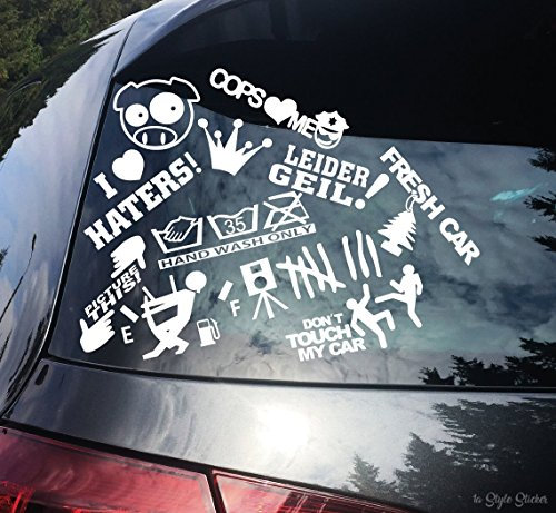 Sticker Set für Auto Motorad Quad Tuningsticker Decal Haters, LEIDER GEIL, BLITZER, Hand WASH ONLY JDM Aufklebr Tuning Sticker Autoscene Set 1
