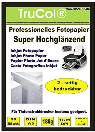 BEIDSEITIG 50 Blatt Fotopapier Photopapier DIN A3 180g /qm - beidseitig Glossy (glaenzend) - sofort trocken - wasserfest - hochweiß - sehr hohe Farbbrillianz Fuer Inkjet Drucker (Tintenstrahldrucker)