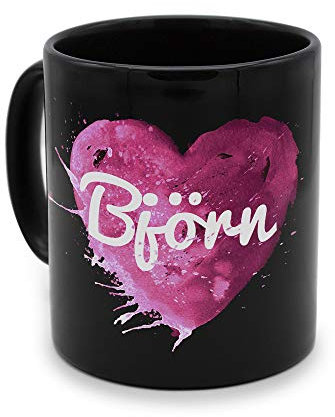 printplanet - Tasse Schwarz mit Namen Björn - Motiv: Painted Heart - Namenstasse, Kaffeebecher, Mug, Becher, Kaffeetasse