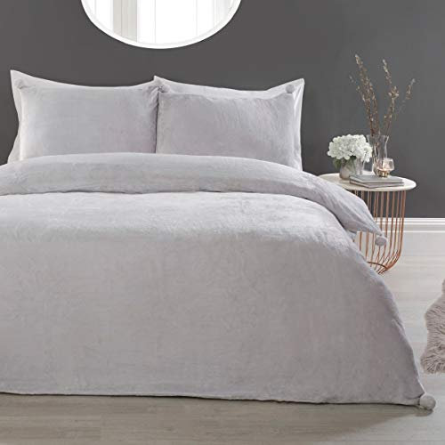 Sleepdown Pom Silver Fleece Warm Cosy Super Soft Easy Care Plain Flannel Duvet Cover Quilt Bedding Set with Pillowcases-Double (200cm x 200cm)