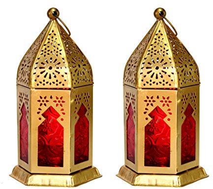 Lanterne Marocaine eSplanade | Lampe Suspendue en Verre coloré - Lot de 2 | Photophore | Décoration intérieure | Rouge-doré – 6,5 Pouces (Red-Golden)