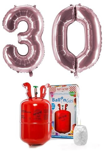 PARTY FACTORY Helium Set 30 mit XXL Zahlenballons, Ballongas und Ballonschnur - für Geburtstag, Jubiläum, Jahrestag; Gold, Silber, Schwarz, Pink, Rosa, Rosagold, Bunt (Rosé)