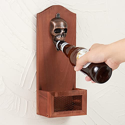 Skull Bottle Opener with Cap Collector Catcher, Vintage Wooden Wall Mounted Bottle Opener,Ideal Gift for Men and Beer Lovers, Use as Bar Decoration.…