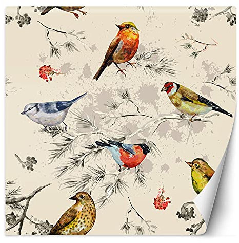 Feeby Papier Peint Intisse Oiseaux Sur Les Branches 200x200 cm beige Moderne Panoramique XXL Photo Mural Muraux Chambre Bureau Salle Abstrait Fleurs Nature