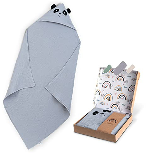 Räuberella® Panda-Kapuzenhandtuch Baby in Blau I 80x80cm I Musselin-Badetuch-Baby aus 100% Bio-Baumwolle I Saugfähiges Babyhandtuch mit Kapuze I Badehandtuch inkl. Geschenkverpackung
