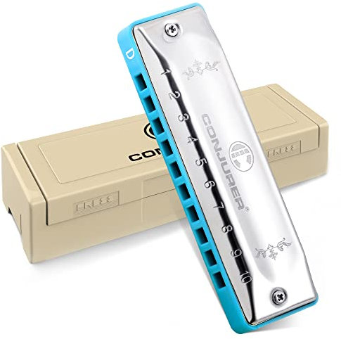 Conjurer Blues Mundharmonika D-Dur Anfänger& Kinder Blues Harp D 10-Loch Diatonische Harmonika Instrument Muntamonika mit hochwertigen Messing Stimmzungen und Hervorragender Klang, 1002 D Dur, Silber
