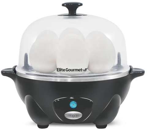 Elite Gourmet EGC710DKG Rapid Egg Cooker, 7 Easy-To-Peel, Hard, Medium, Soft Boiled Eggs, Poacher, Omelet Maker, Auto Shut-Off, Alarm, 16-Recipe Booklet, BPA-Free, Ash