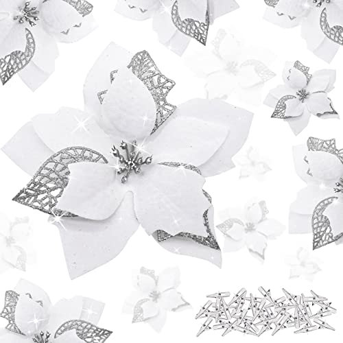 YSUVIN Weihnachtsblumen dekorieren, 25 Stück Christbaumschmuck Glitter Poinsettia, Künstliche Blumen Weihnachten mit 25 Stück Clips für Weihnachten Hochzeitsfeier Neujahr, Weiß(15cm & 12cm)
