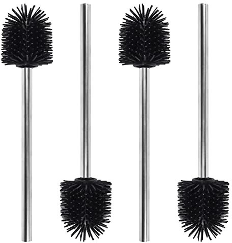 Qulable Silicone Toilet Brush, 4 Pack Stainless Steel Toilet Brushes with Soft Bristle, Bathroom Cleaning Brush (Silicone Black)
