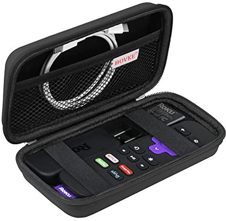BOVKE Hard Case for Roku Voice Remote Controller, Roku Streaming Stick+ / 4K, Roku Remote Case for Roku TV Steaming Stick 3820R/ 3821R/3941R, Extra Mesh Pocket for Adapters, Cables, Black+Black