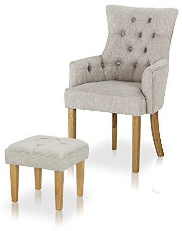 KHG Esszimmerstuhl Relax-Sessel grau, große Armlehnen und Hocker - Rückenlehne mit Zierknöpfen, Massivholz Stuhlbeine - Küchenstuhl, Design Stuhl mit Bezug aus meliertem Webstoff