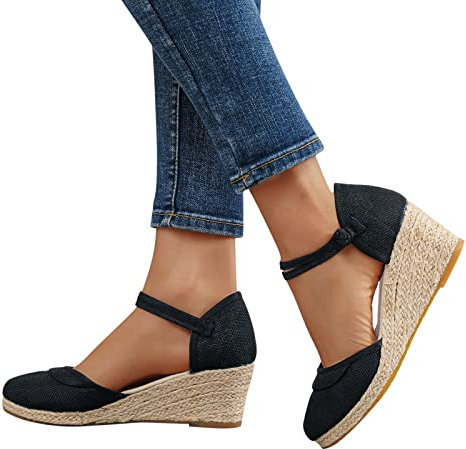 MJGkhiy Scarpe Donna Eleganti Comode Estive Chiuse Sandali Espadrillas Zeppa Sandali Chiusi Davanti Casual Lacci Plateau Platform Sandali in Lino Traspiranti Bohemia Sandalo Scarpe con Tacco Alto